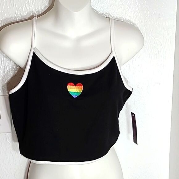 No Boundaries Tops - No Boundaries Black Crop-top White Trim & Rainbow Pride Heart, Size Large, NWT